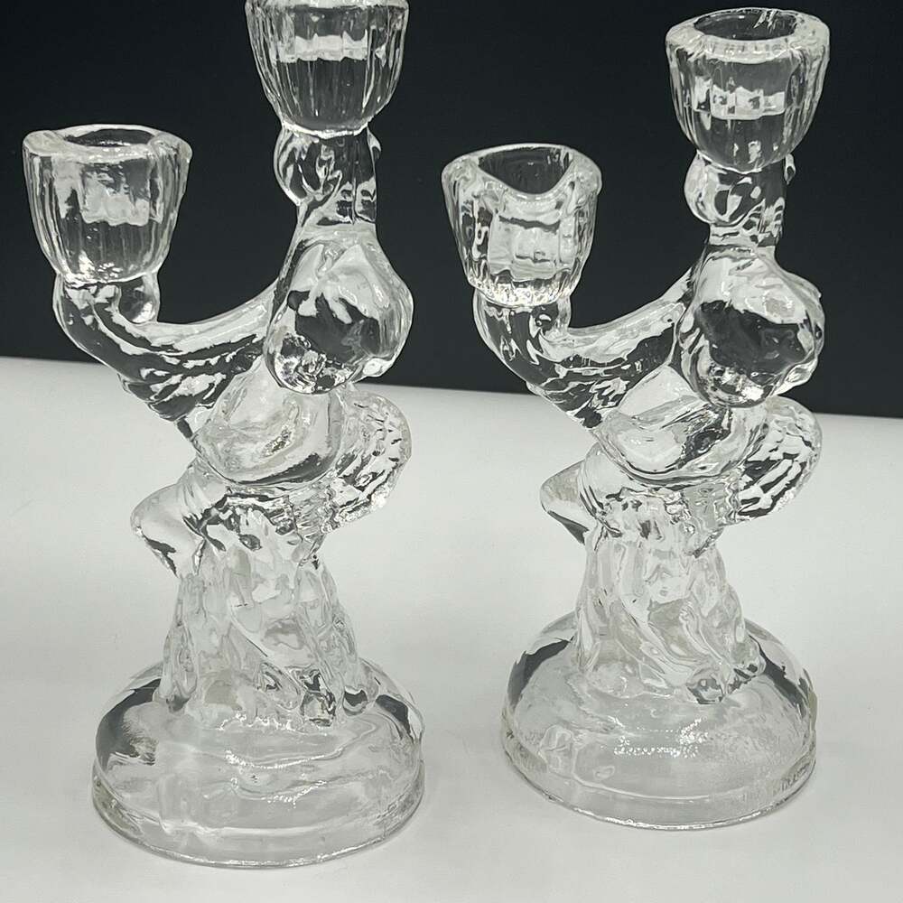 Vintage Clear Glass Cherub Angel 2 Arms Candle Holder Set of 2 - ,Beautiful